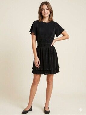 She + Sky Black Pleated Plissé Flutter Sleeve Smocked Mini Dress